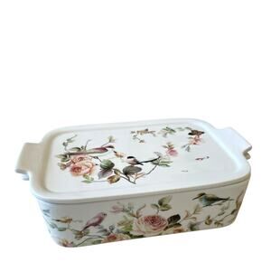 Grace Teaware Floral  Bird Porcelain Casserole Baker w/ Lid Oven Safe White New